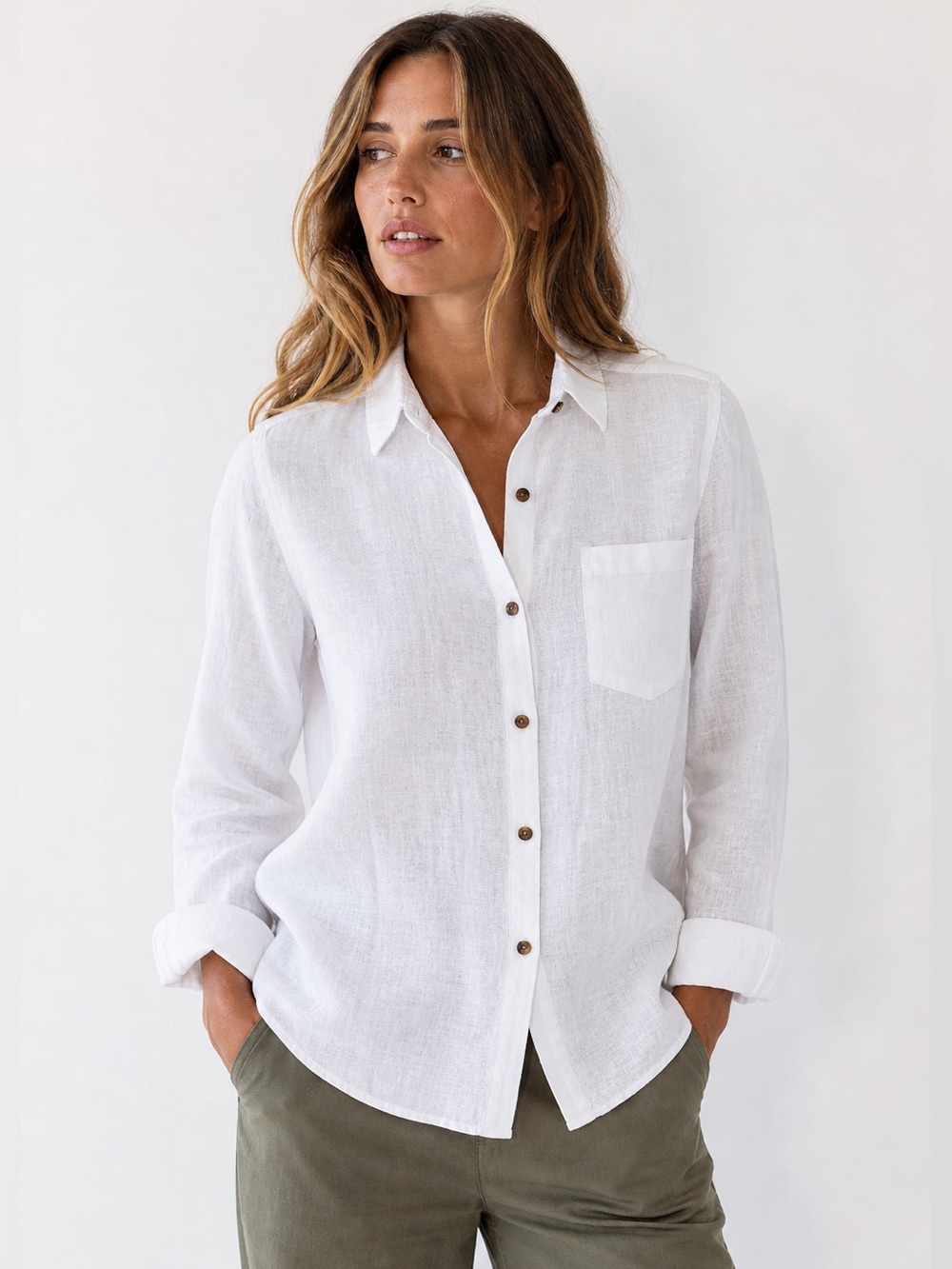 Pure linen White Linen Button Down Shirt Lightweight Breathable Classic 10 = M